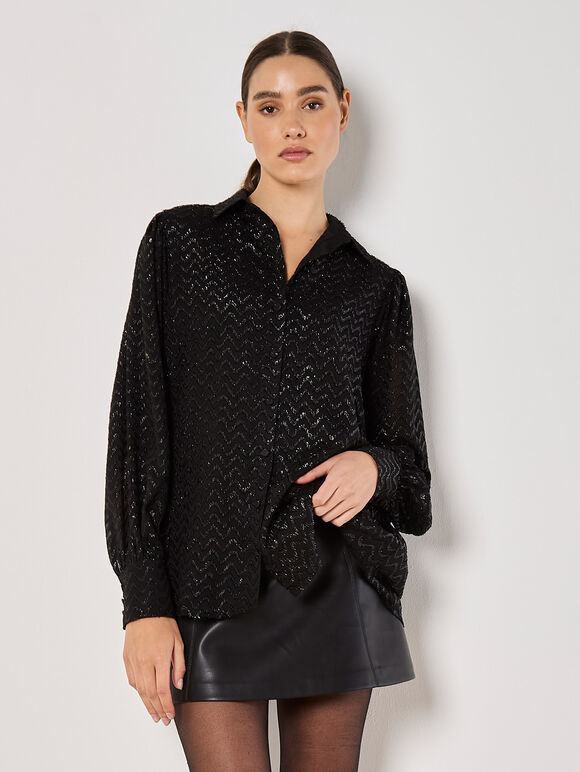 Jacquard Chevron Shimmer Shirt, Black, large
