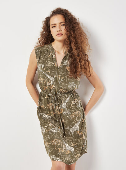 Tropical Animal Print Zip Mini Dress