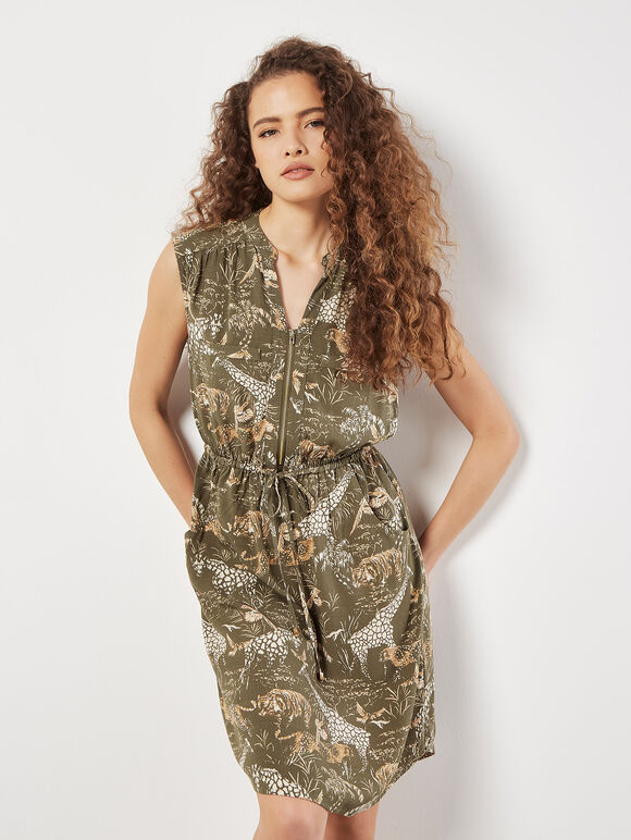 Tropical Animal Print Zip Mini Dress, Khaki, large