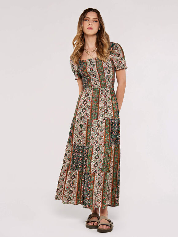 Paisley Patchwork Smocked Maxi Dress, Green, large