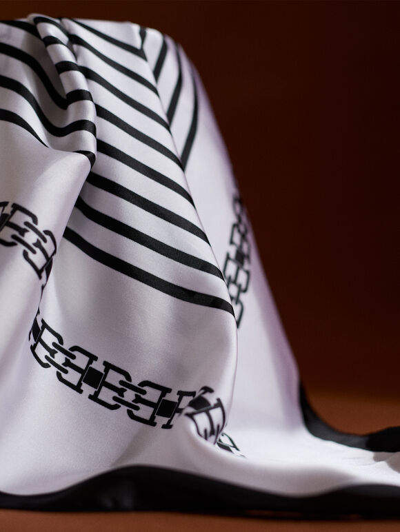 Printed Satin Scarf, White, large