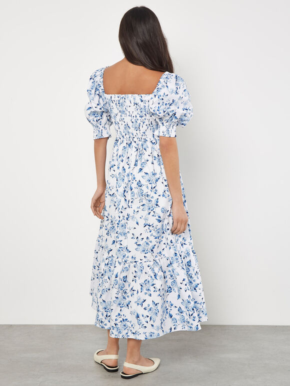 Rose Cotton Milkmaid Midaxi Dress, Blue, large