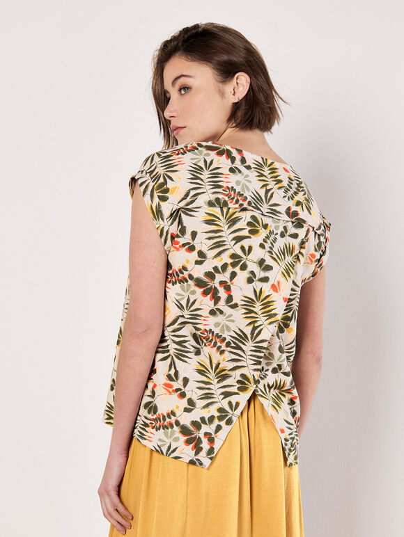 Tropical Leaf Split Back Top, Stone, large