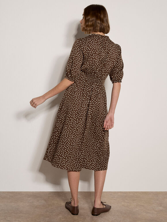 Polka Dot Ruffle Midi Dress, Brown, large