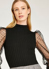 Polkadot Puff Sleeve Ribbed Top, Black, large