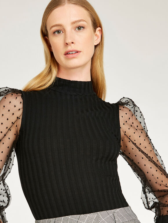 Polkadot Puff Sleeve Ribbed Top, Black, large