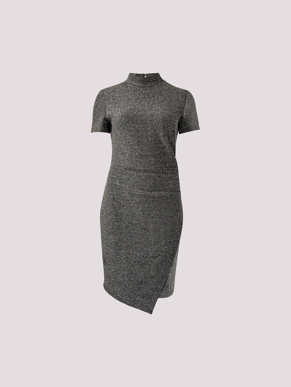 Sparkle Ruched Wrap Mini Dress, Silver, large