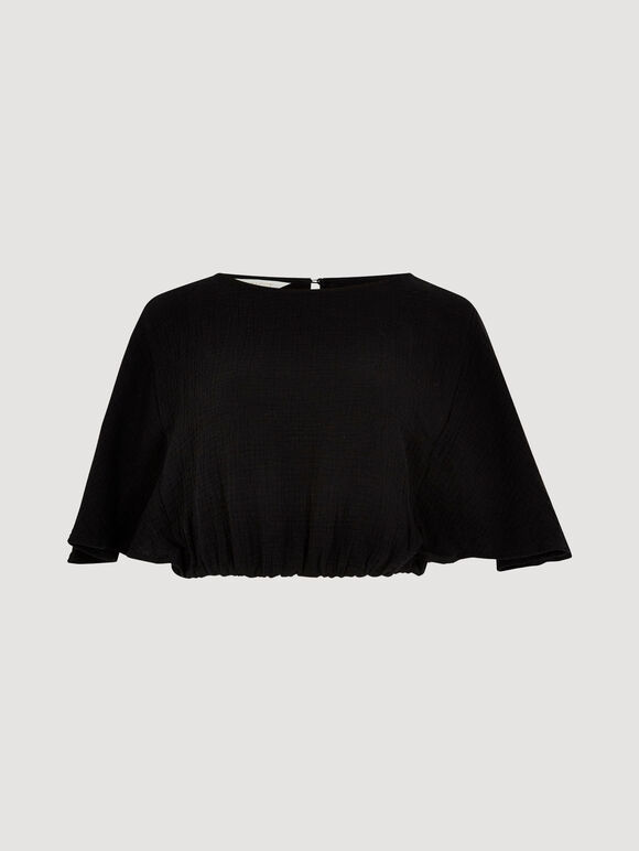 Textured Cotton Crop Top, Black, large