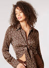 Geomteric Tie Front Satin Shirt, Brown, large