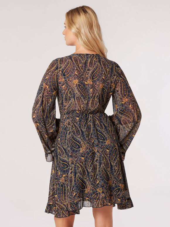 Paisley Bell Sleeve Wrap Mini Dress, Navy, large
