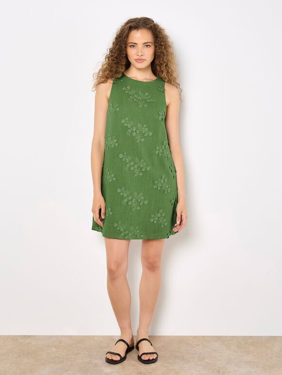 Floral Embroidered Shift Mini Dress, Green, large