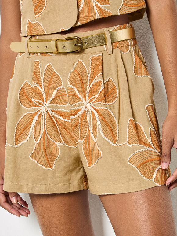 Embroidered Floral Shorts, Stone, large