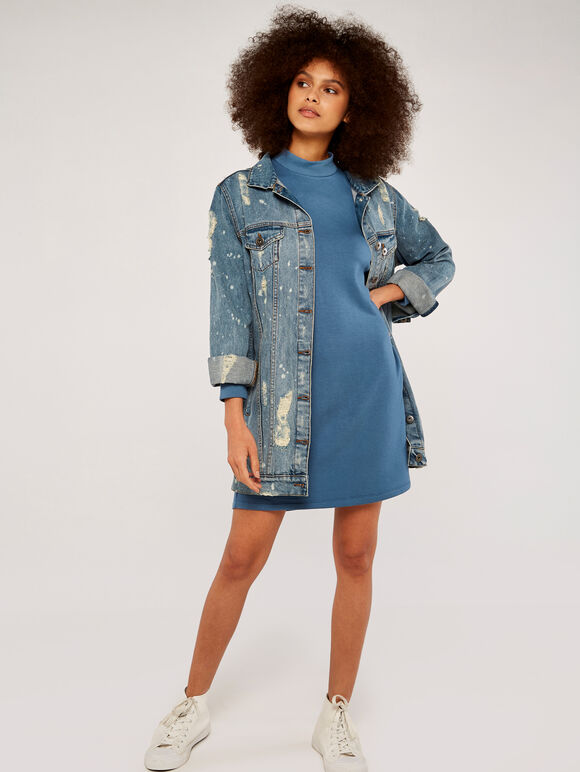 Mock Neck Jumper Mini Dress, Blue, large