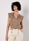 Ditsy Floral Ruffle Sleeve Top, Khaki, large