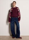 Embroidered Floral Sleeve Chunky Knit Jumper, Burgundy, large