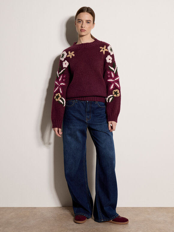 Embroidered Floral Sleeve Chunky Knit Jumper, Burgundy, large