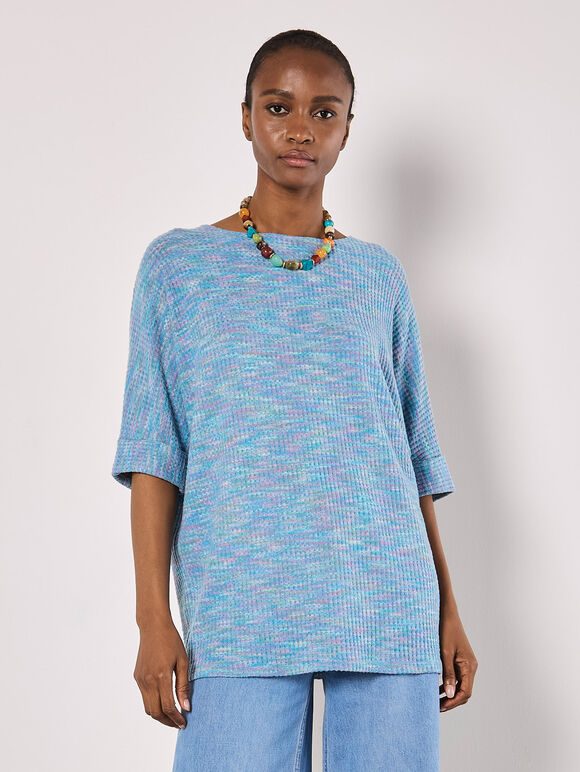 Multi-Coloured Waffle Knit Longline Top, Blue, large