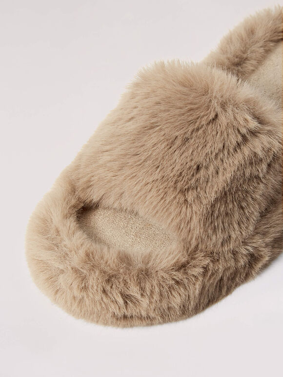 Open Toe Fluffy Slippers, Brown, large