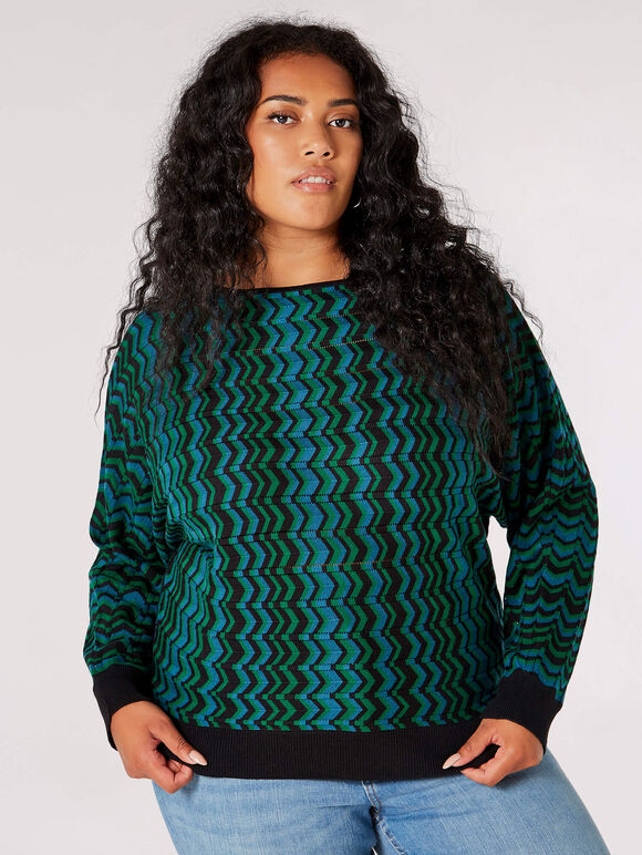 Curve Chevron Knit Jumper, Teal, large