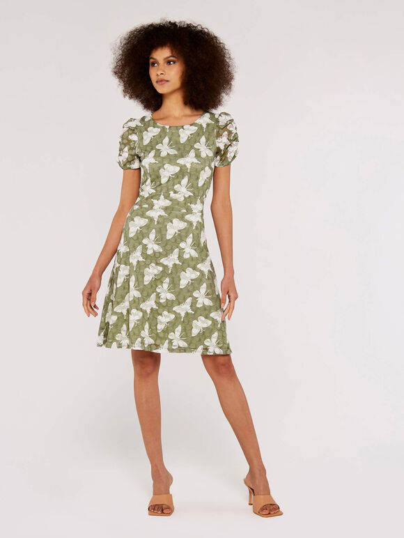 Butterfly Ruch Sleeve Dress, Mint, large