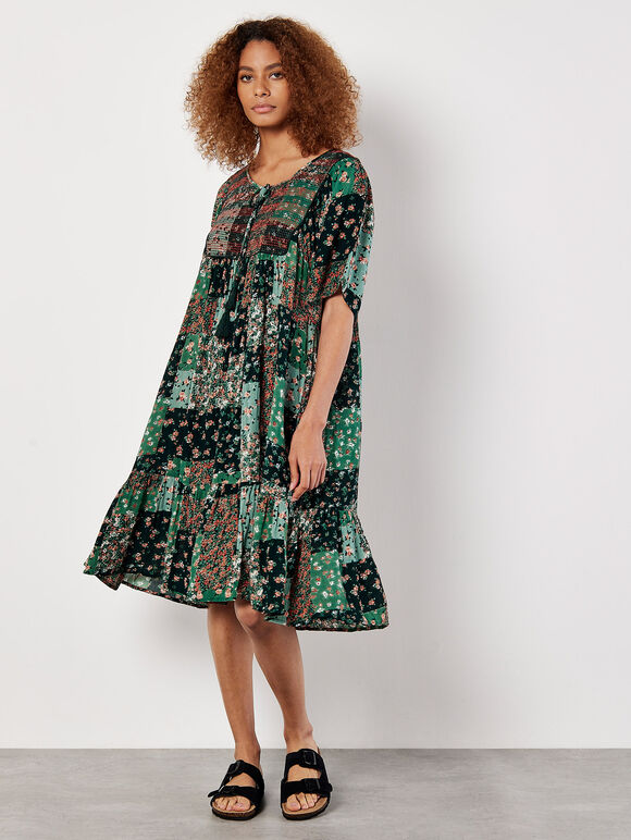 Patchwork Print Crinkle Mini Dress, Green, large
