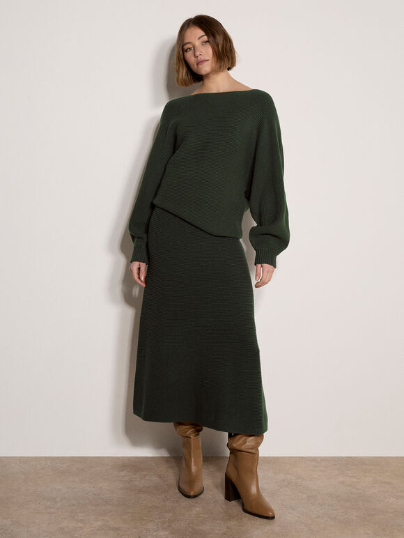Ribbed Knit Batwing Jumper, Green, large