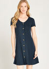 Ribbed Button Down Front Dress, Navy, large