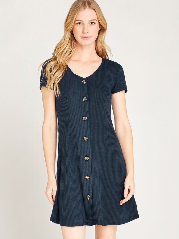 Ribbed Button Down Front Dress, Navy, large