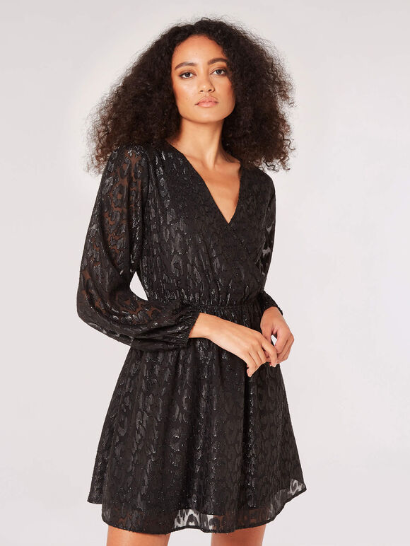 Metallic Animal Chiffon Mini Dress, Black, large