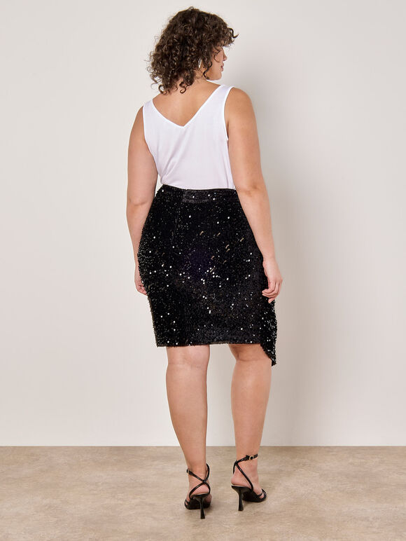 Curve Velvet Sequin Wrap Mini Skirt, Black, large