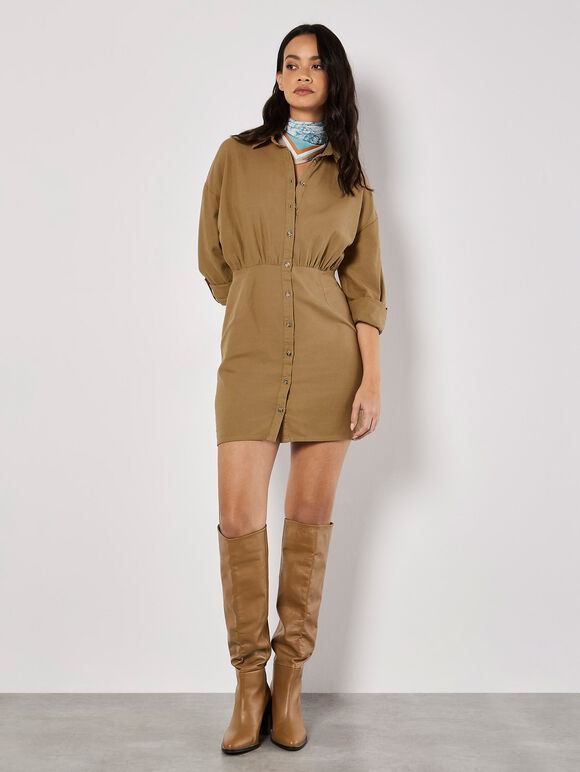 Fitted Twill Shirt Mini Dress, Stone, large