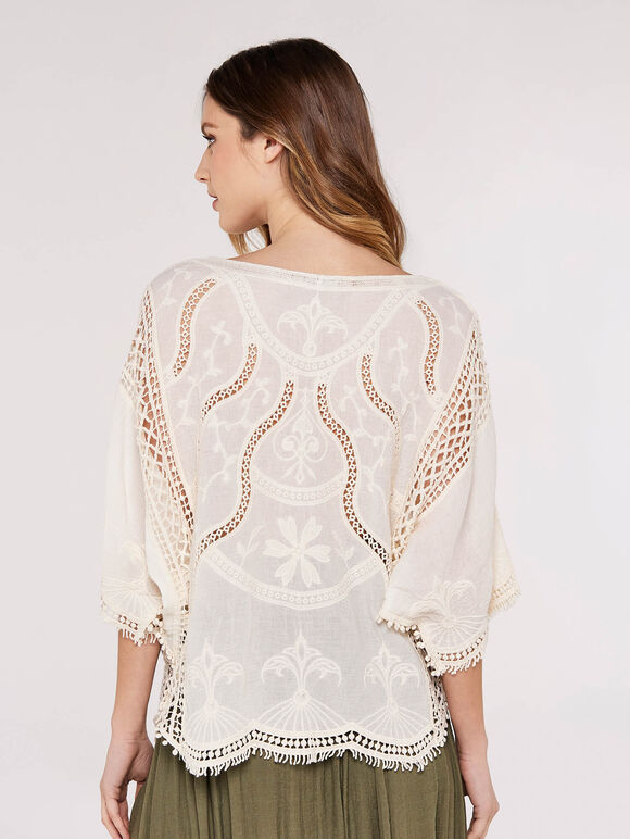 Cotton Blend Crochet Embroidered Top, Stone, large