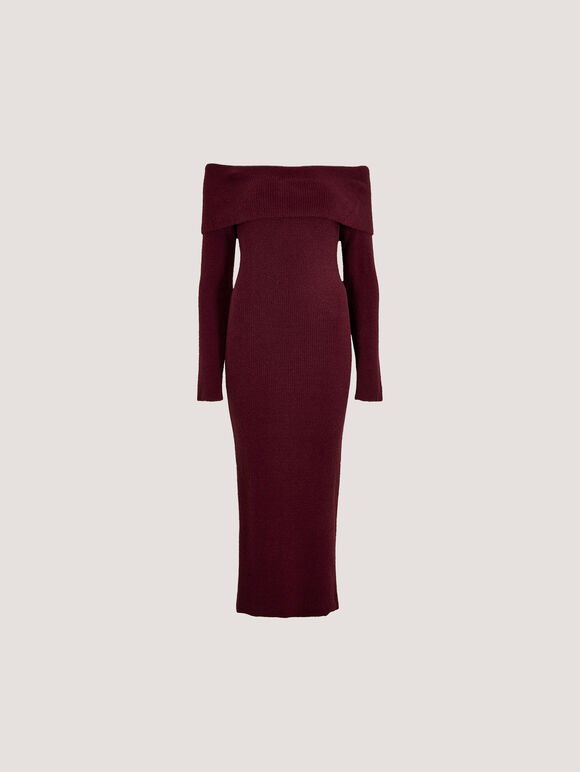 Fluffy Bardot Midaxi Dress, Burgundy, large