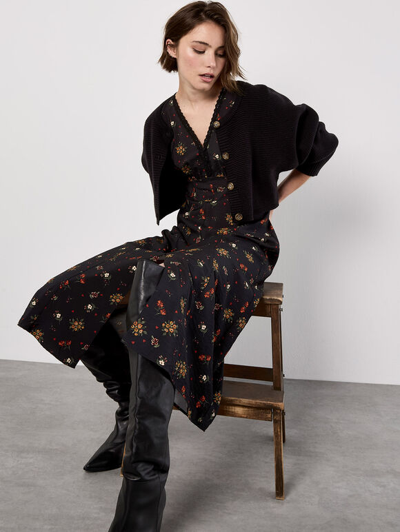 Floral Heart Midi Dress, Black, large