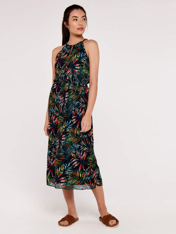 Palm Rope Neck Dress, Navy, large