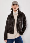 Faux Leather Bomber Jacket, Brown, large