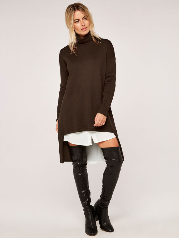 Rollneck High Low Tunic Jumper, Brown, large