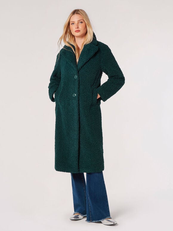 Longline Borg Teddy Coat, Green, large