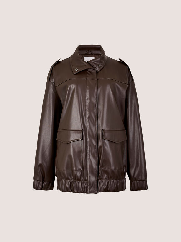 Oversized Faux Leather Jacket, Brown, large