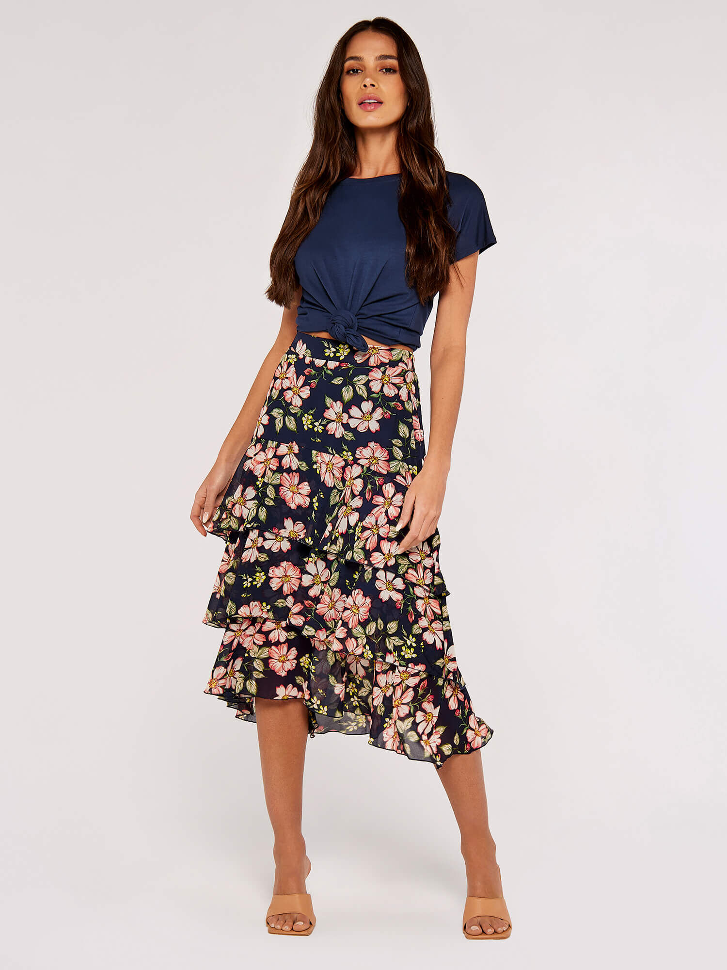 Floral Chiffon Midi Skirt Apricot Clothing