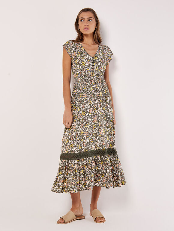 Ditsy Floral Maxi Dress, Khaki, large