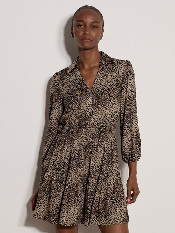 Blurred Spot Shirt Mini Dress, Mocha, large