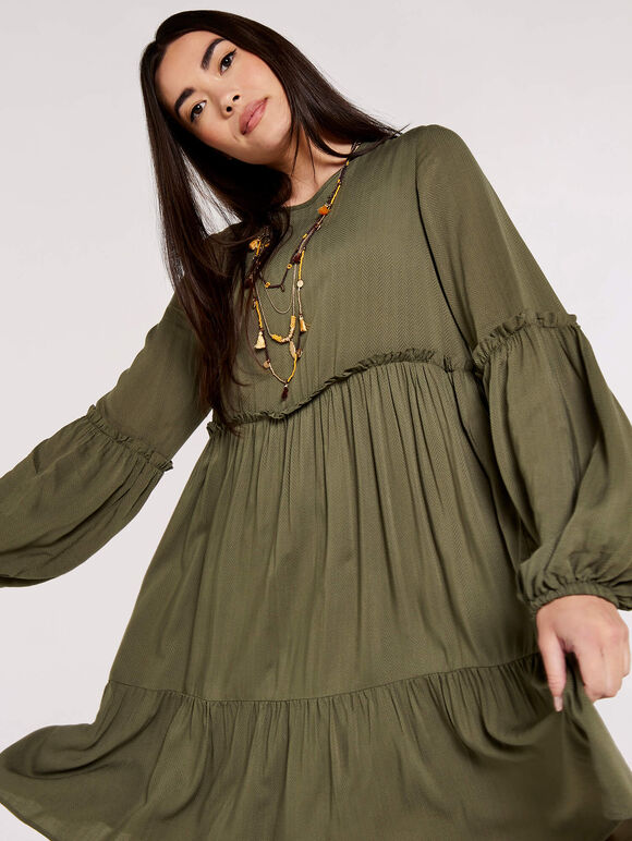 Self Chevron Babydoll Dress, Khaki, large