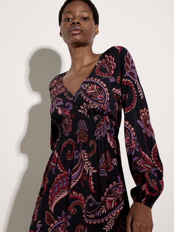 Crepe Folk Floral Midi Dress, Purple, large