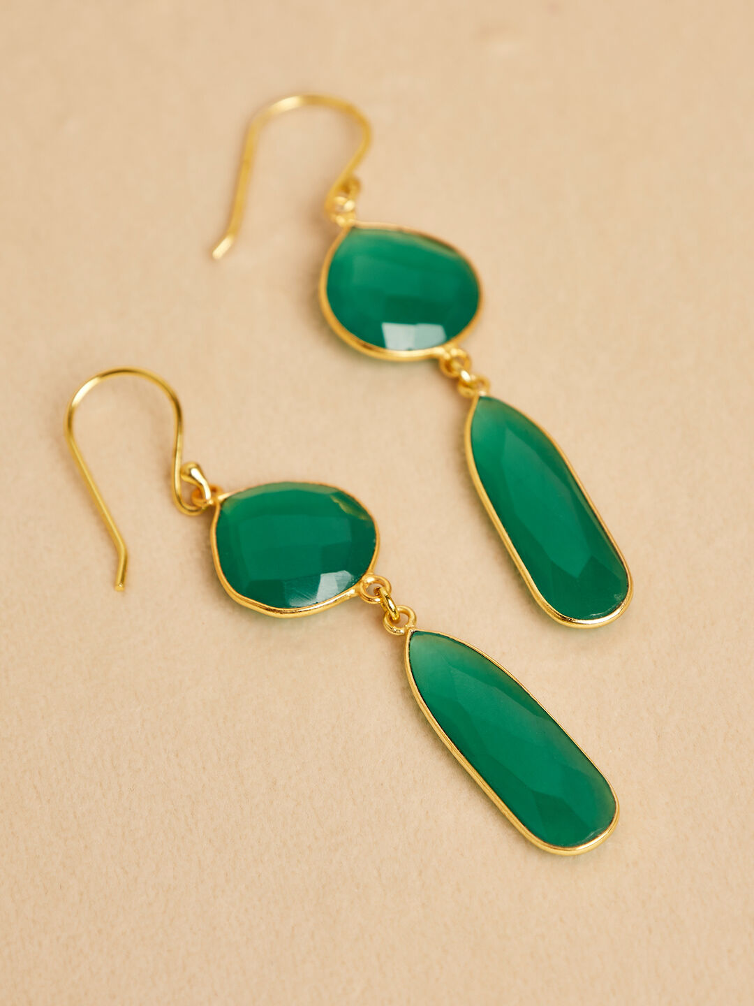 Image of Gold Tone Green Stone Drop Earrings