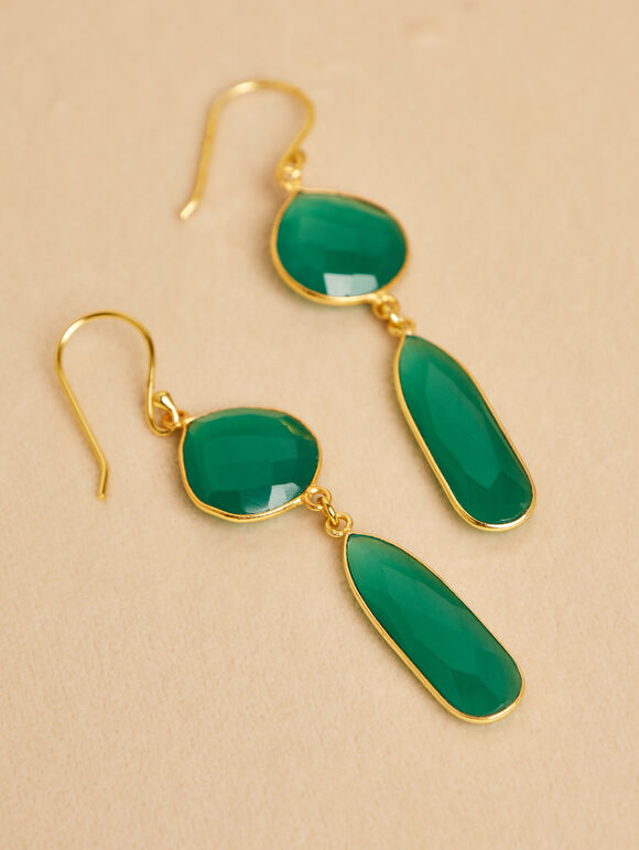 Gold Tone Green Stone Drop Earrings, Green, large