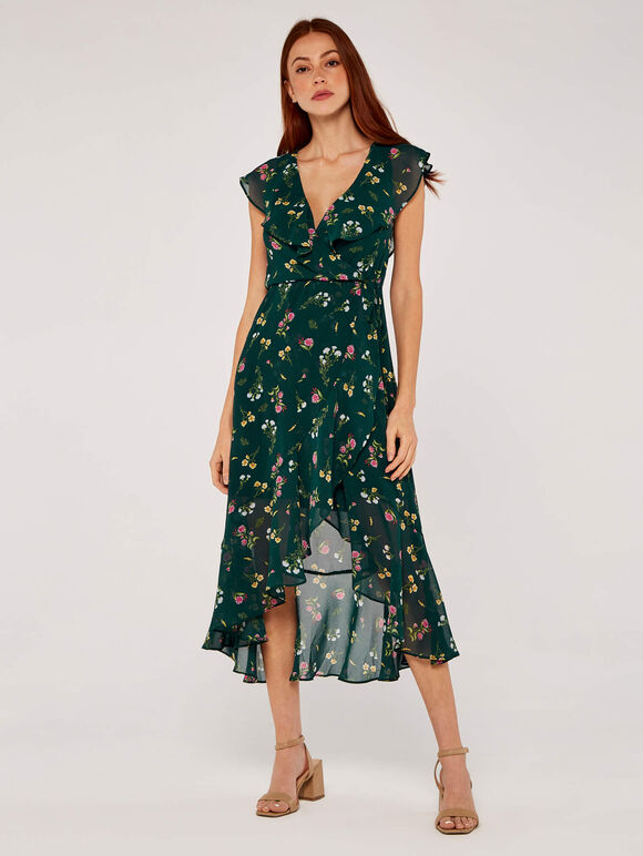 Botanical Wrap Midi Dress, Green, large