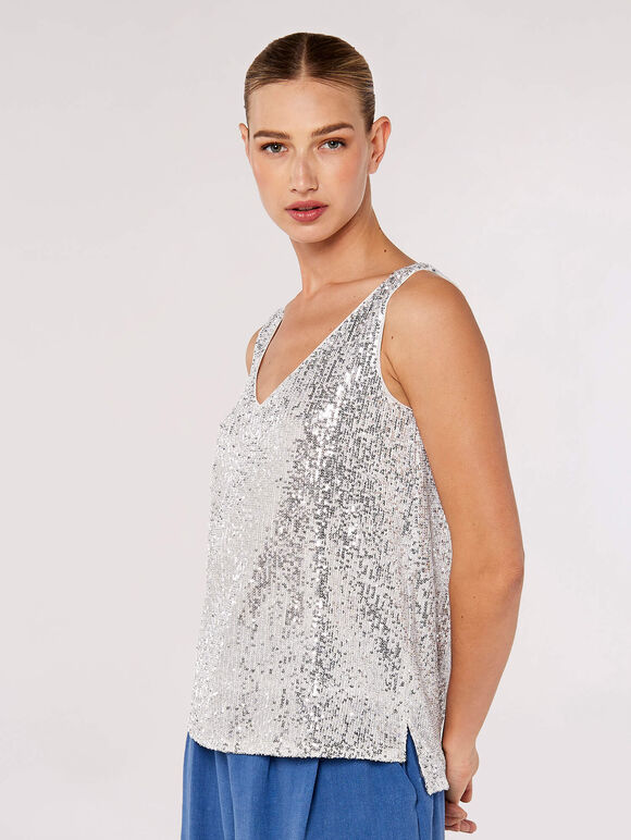 Sequin Cami Top, Light Grey / Silver, large