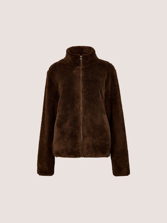 Fleece Cardigan, Brown, large