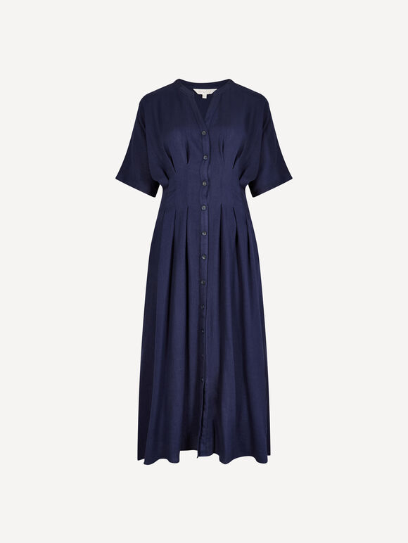 Pleated Shirt Midi Dress, Navy, large